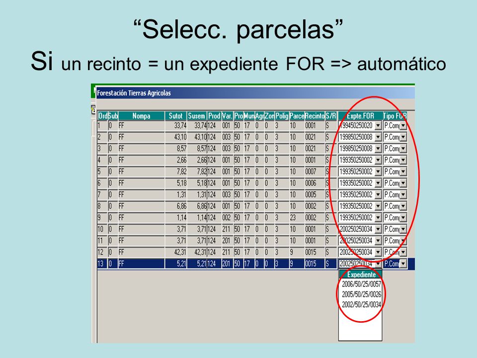 Selecc. parcelas Si un recinto = un expediente FOR => automático