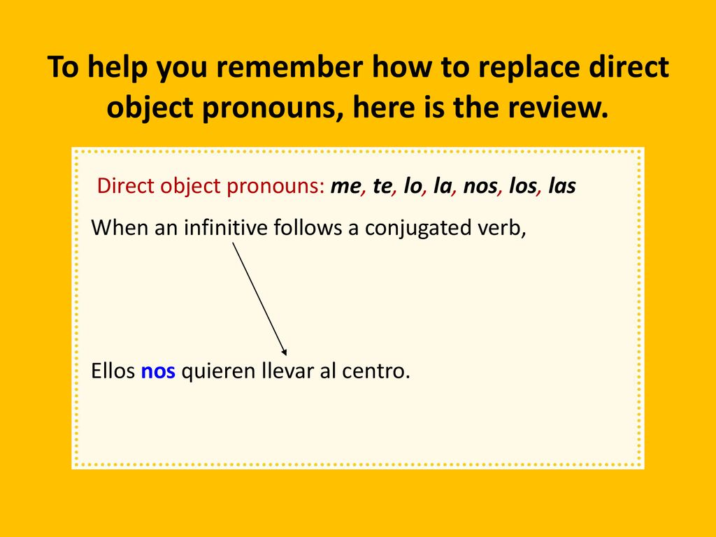 To help you remember how to replace direct object pronouns, here is the review.