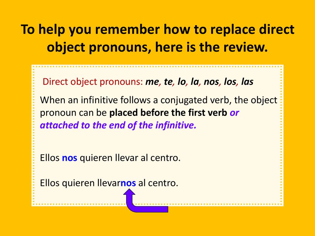 To help you remember how to replace direct object pronouns, here is the review.