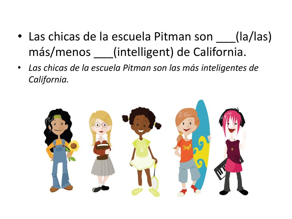 Las chicas de la escuela Pitman son ___(la/las) más/menos ___(intelligent) de California.