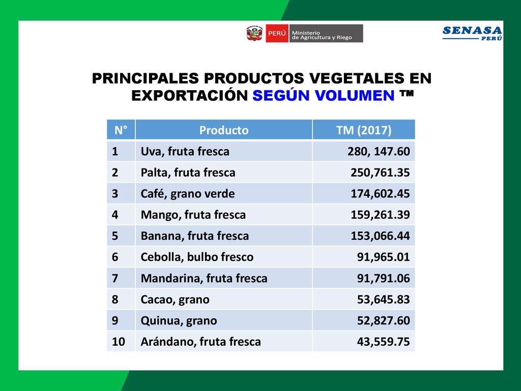 PRINCIPALES PRODUCTOS VEGETALES EN EXPORTACIÓN SEGÚN VOLUMEN ™