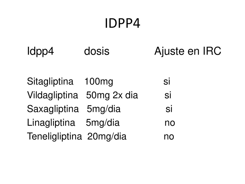 IDPP4 Idpp4 dosis Ajuste en IRC Sitagliptina 100mg si