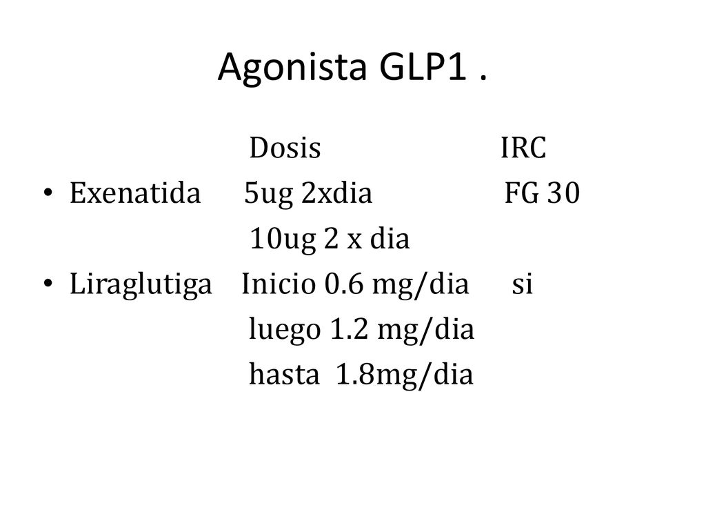 Agonista GLP1 . Dosis IRC Exenatida 5ug 2xdia FG 30 10ug 2 x dia