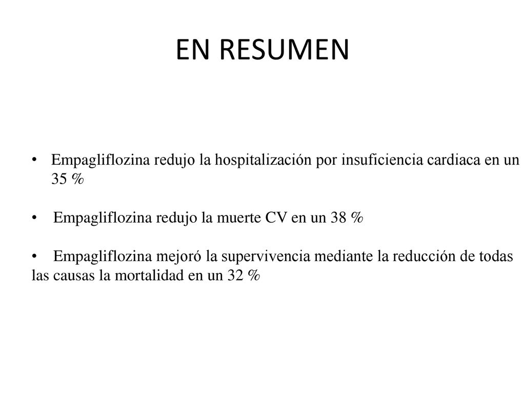 EN RESUMEN Empagliflozina redujo la hospitalización por insuficiencia cardiaca en un 35 % • Empagliflozina redujo la muerte CV en un 38 %