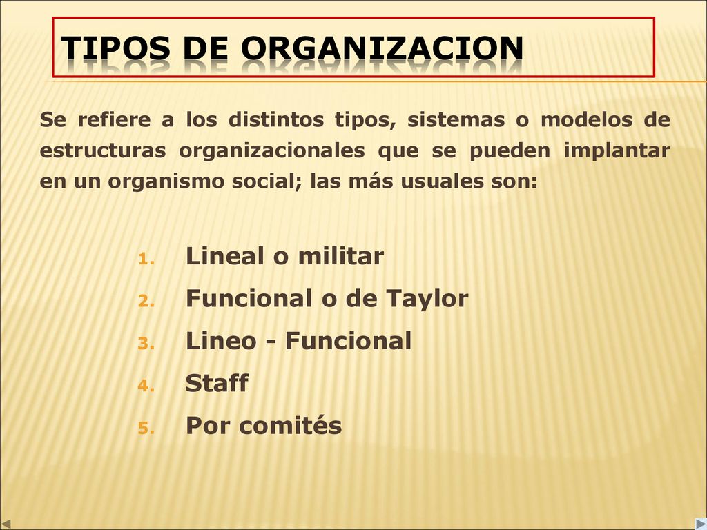 TIPOS DE ORGANIZACION Lineal o militar Funcional o de Taylor