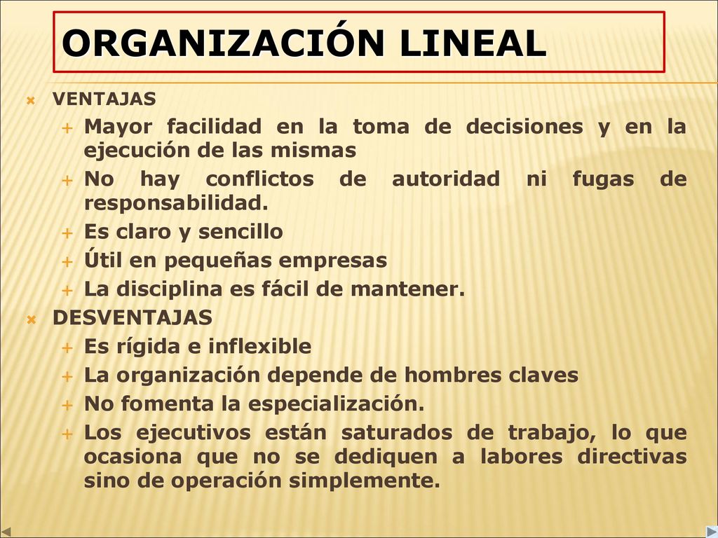 ORGANIZACIÓN LINEAL VENTAJAS. Mayor facilidad en la toma de decisiones y en la ejecución de las mismas.