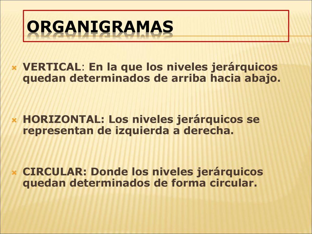 ORGANIGRAMAS VERTICAL: En la que los niveles jerárquicos quedan determinados de arriba hacia abajo.