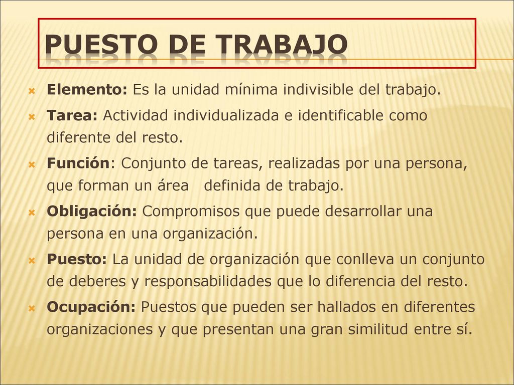 PUESTO DE TRABAJO Elemento: Es la unidad mínima indivisible del trabajo. Tarea: Actividad individualizada e identificable como diferente del resto.