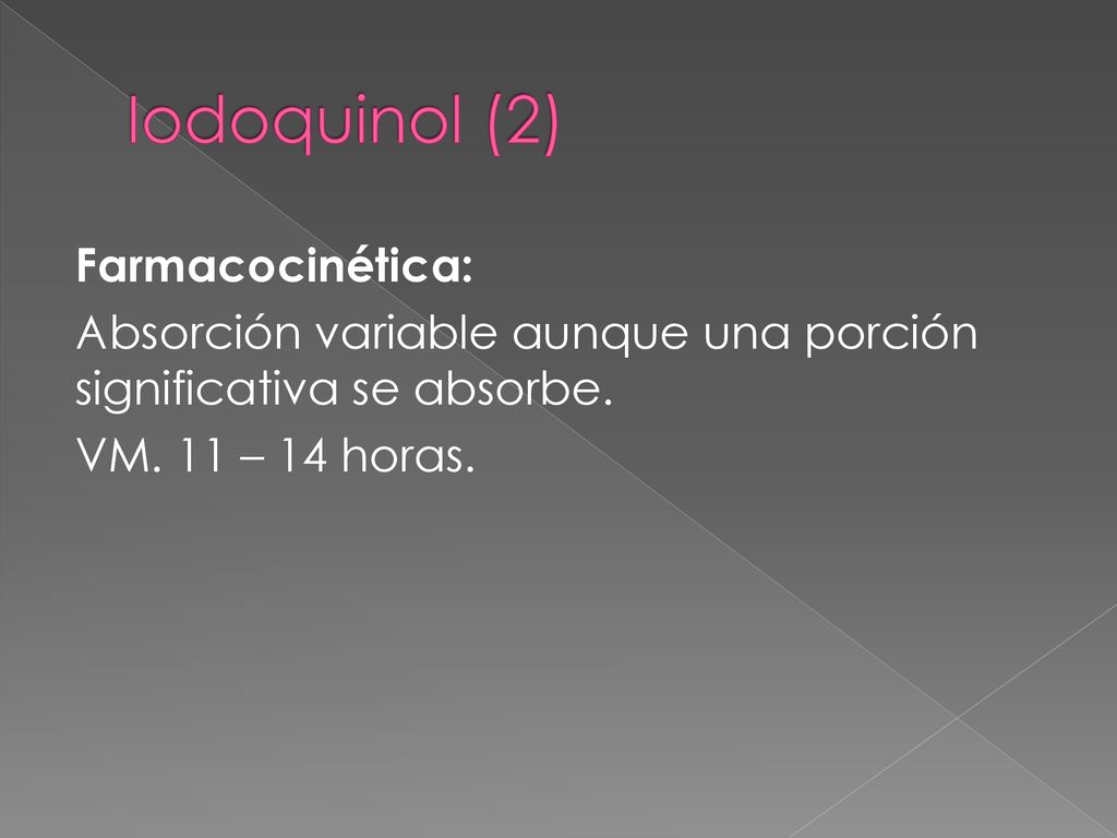 Iodoquinol (2) Farmacocinética: Absorción variable aunque una porción significativa se absorbe.