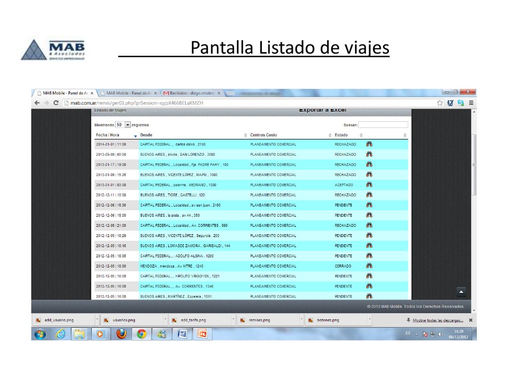 Pantalla Listado de viajes