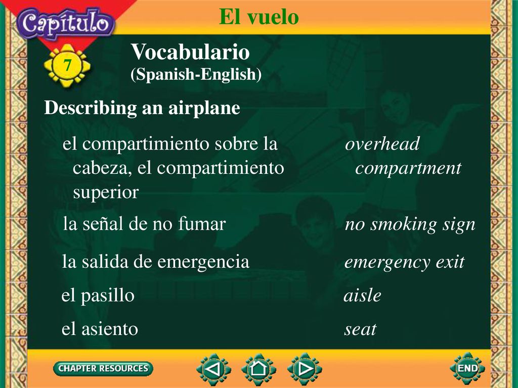 El vuelo Vocabulario Describing an airplane el compartimiento sobre la