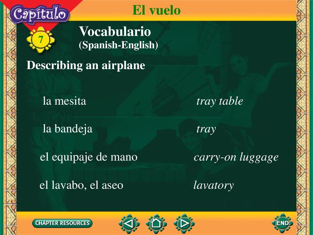 El vuelo Vocabulario Describing an airplane la mesita tray table