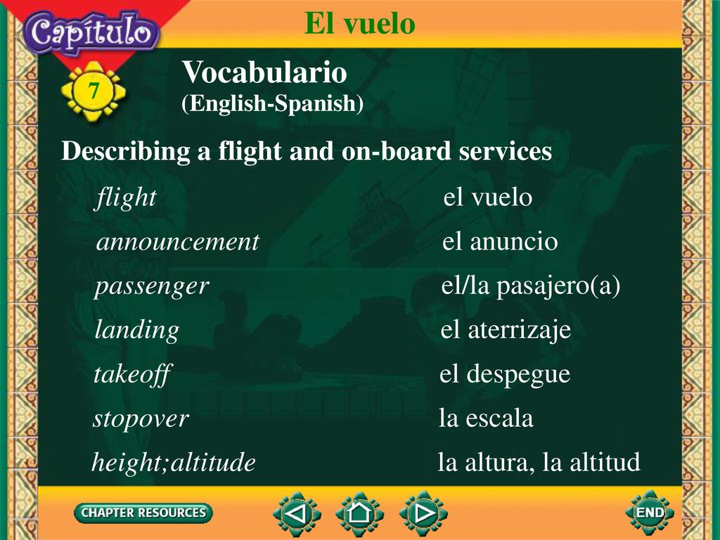 El vuelo Vocabulario Describing a flight and on-board services flight