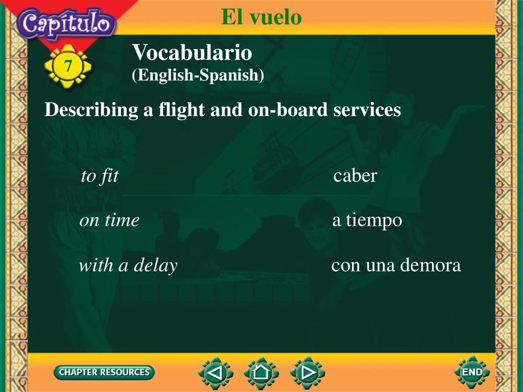 El vuelo Vocabulario Describing a flight and on-board services to fit