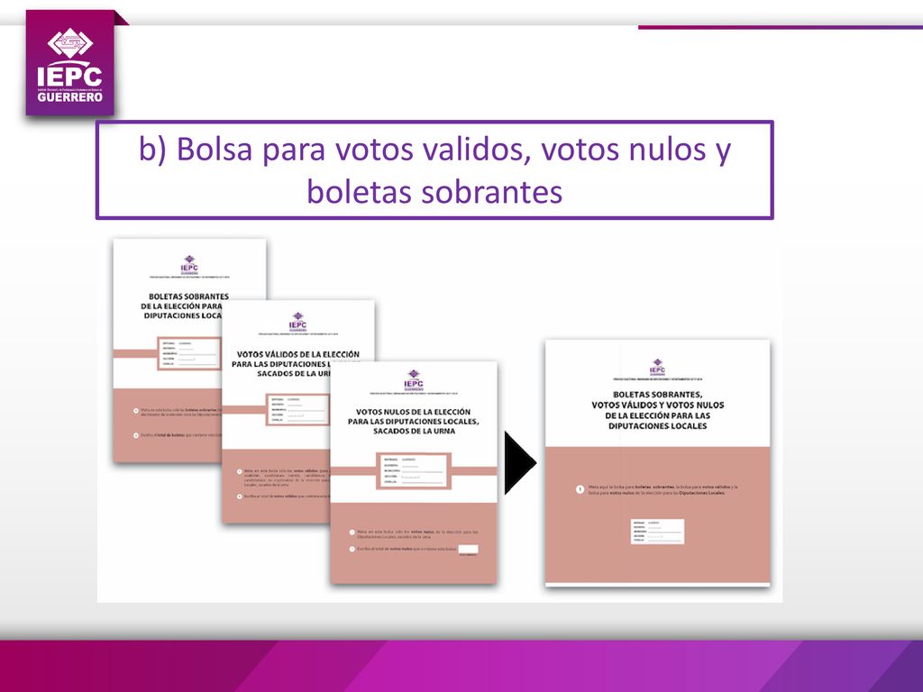 b) Bolsa para votos validos, votos nulos y boletas sobrantes