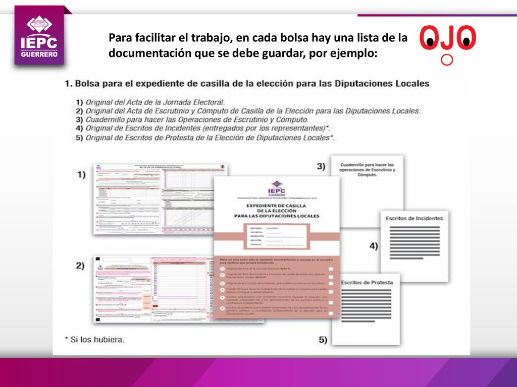 Para facilitar el trabajo, en cada bolsa hay una lista de la documentación que se debe guardar, por ejemplo: