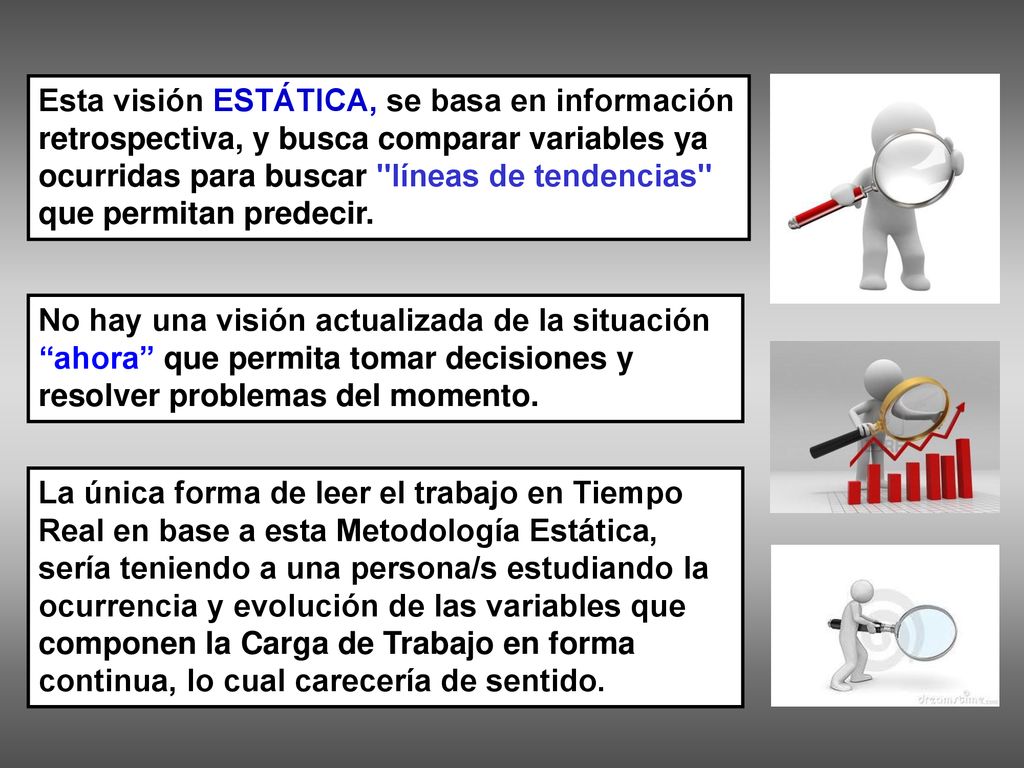 Esta visión ESTÁTICA, se basa en información retrospectiva, y busca comparar variables ya ocurridas para buscar líneas de tendencias que permitan predecir.