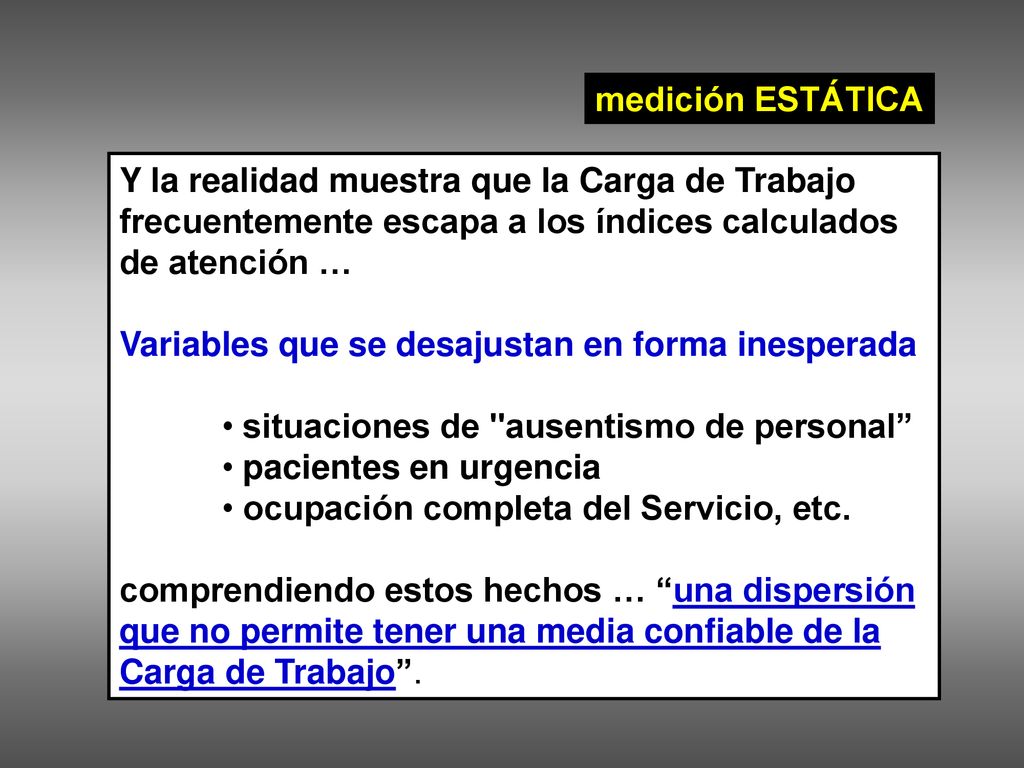 medición ESTÁTICA Y la realidad muestra que la Carga de Trabajo frecuentemente escapa a los índices calculados de atención …
