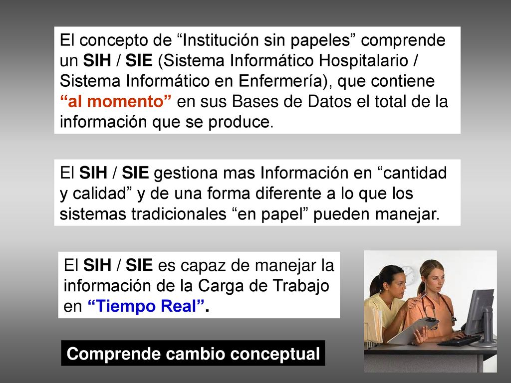 El concepto de Institución sin papeles comprende un SIH / SIE (Sistema Informático Hospitalario / Sistema Informático en Enfermería), que contiene al momento en sus Bases de Datos el total de la información que se produce.
