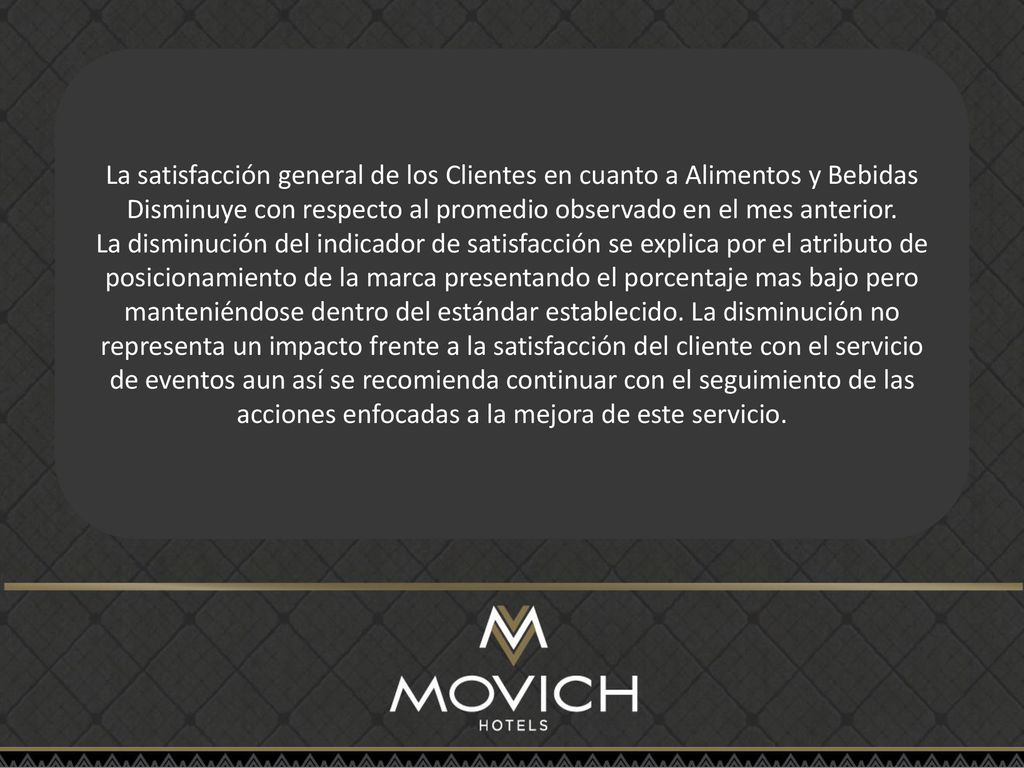 La satisfacción general de los Clientes en cuanto a Alimentos y Bebidas Disminuye con respecto al promedio observado en el mes anterior.
