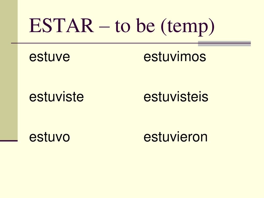 ESTAR – to be (temp) estuve estuviste estuvo estuvimos estuvisteis