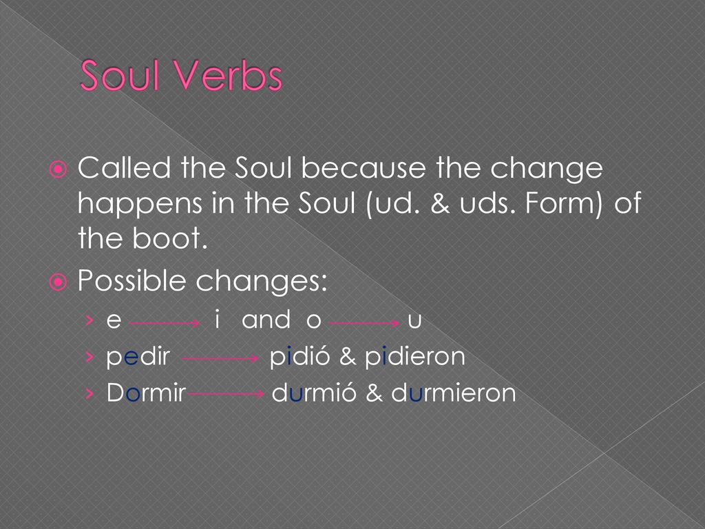 Soul Verbs Called the Soul because the change happens in the Soul (ud. & uds. Form) of the boot. Possible changes: