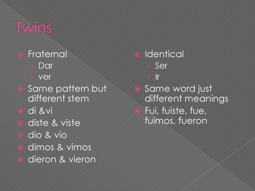 Twins Fraternal Same pattern but different stem di &vi diste & viste