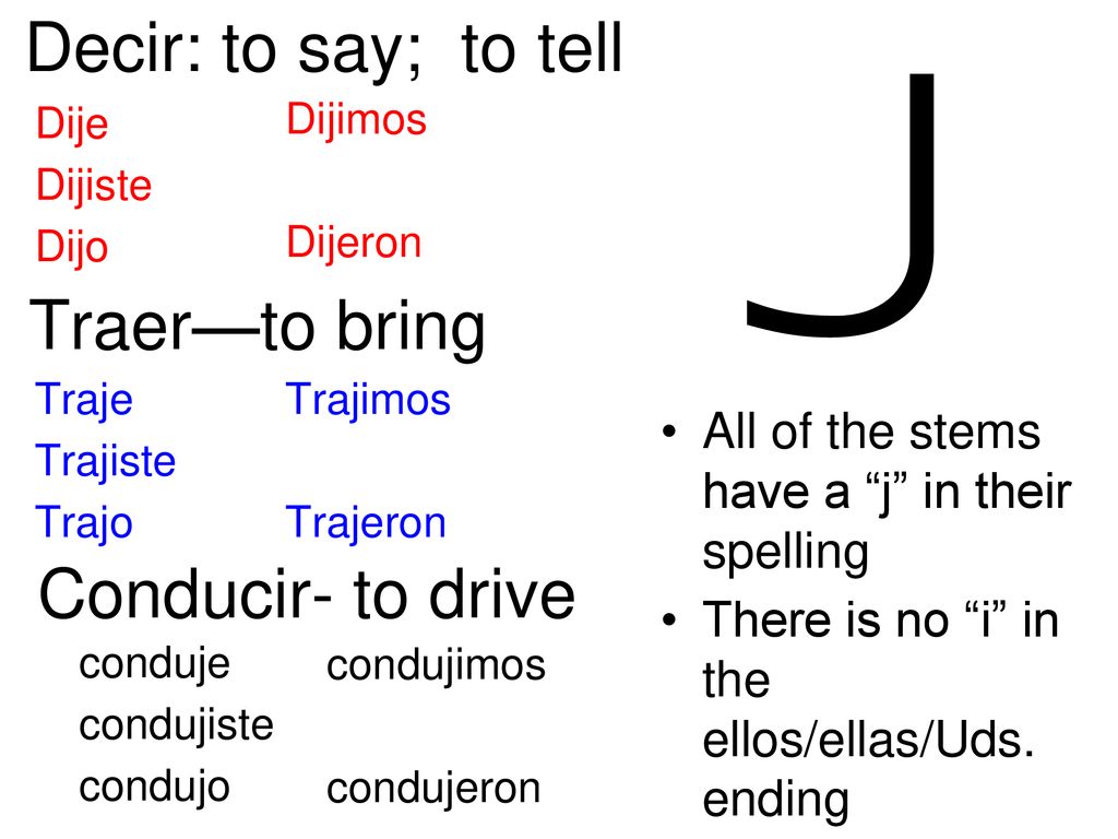 Decir: to say; to tell Traer—to bring Conducir- to drive