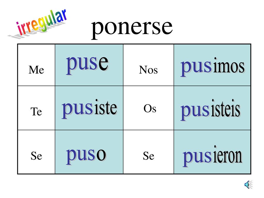 ponerse irregular pus e imos pus iste isteis pus pus ieron pus o pus