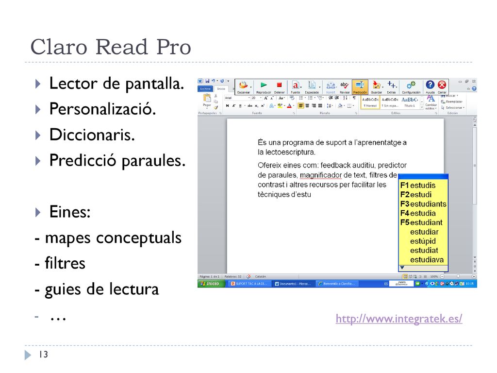 Claro Read Pro Lector de pantalla. Personalizació. Diccionaris.