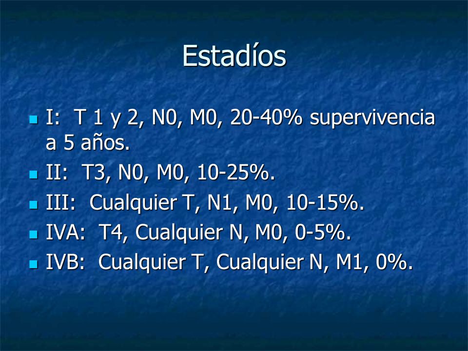 Estadíos I: T 1 y 2, N0, M0, 20-40% supervivencia a 5 años.