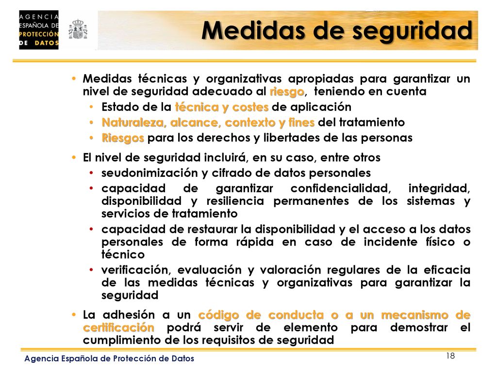 Medidas de seguridad Medidas técnicas y organizativas apropiadas para garantizar un nivel de seguridad adecuado al riesgo, teniendo en cuenta.