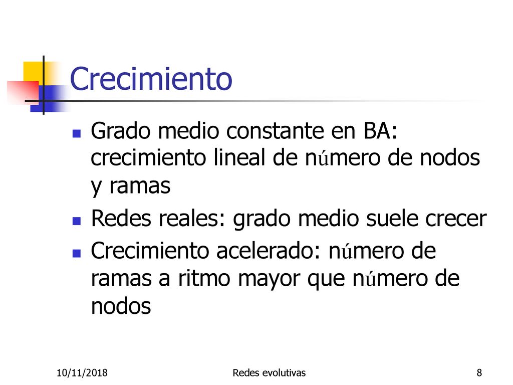 Crecimiento Grado medio constante en BA: crecimiento lineal de número de nodos y ramas. Redes reales: grado medio suele crecer.