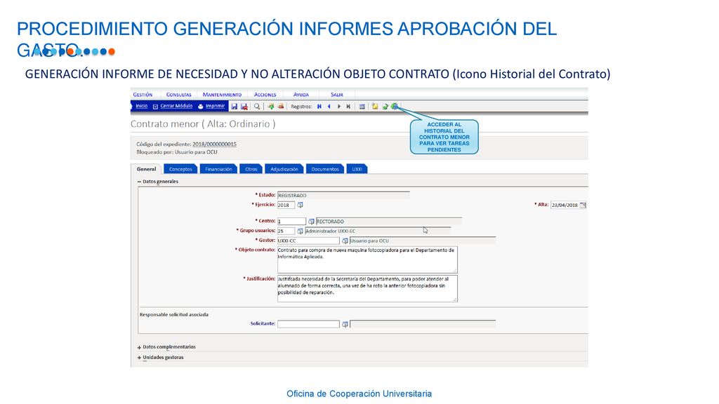 ACCEDER AL HISTORIAL DEL CONTRATO MENOR PARA VER TAREAS PENDIENTES