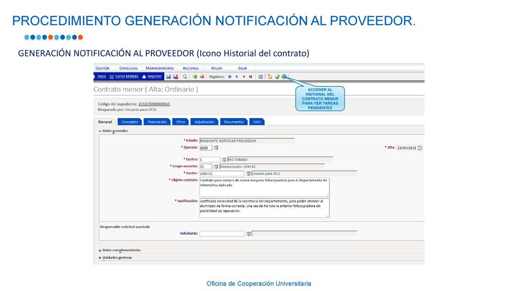 ACCEDER AL HISTORIAL DEL CONTRATO MENOR PARA VER TAREAS PENDIENTES