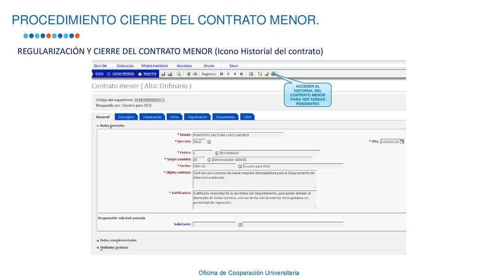 ACCEDER AL HISTORIAL DEL CONTRATO MENOR PARA VER TAREAS PENDIENTES