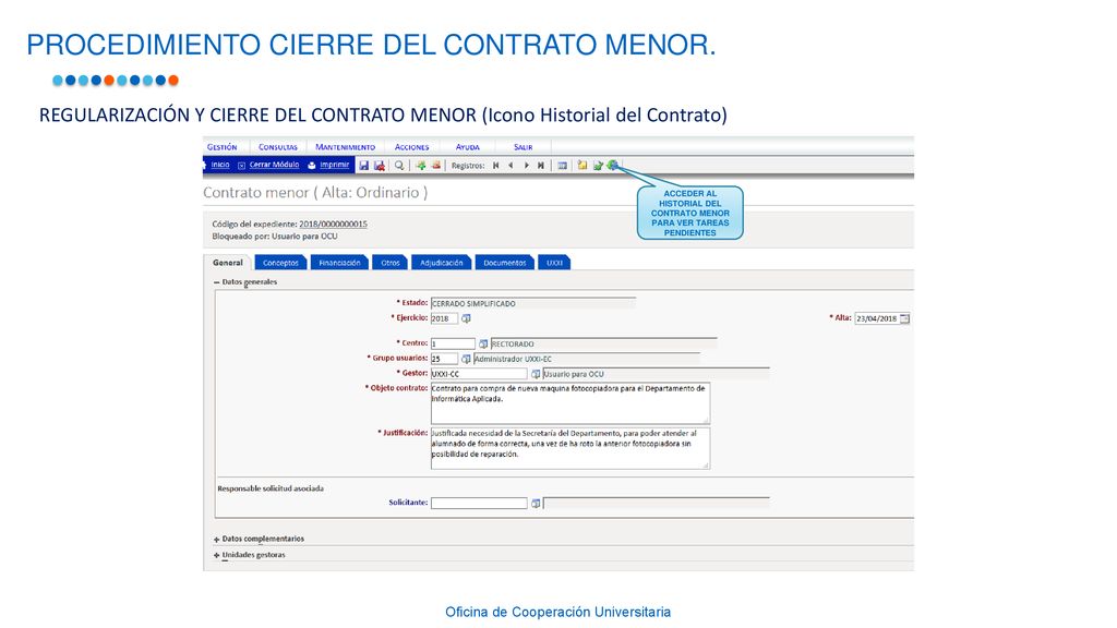 ACCEDER AL HISTORIAL DEL CONTRATO MENOR PARA VER TAREAS PENDIENTES