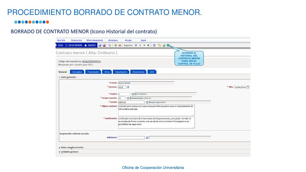 ACCEDER AL HISTORIAL DEL CONTRATO MENOR PARA VER EL CONTROL DE FLUJO