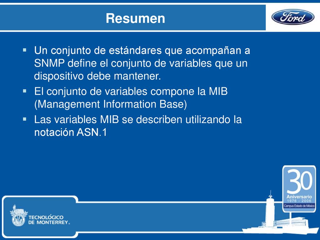 Resumen Un conjunto de estándares que acompañan a SNMP define el conjunto de variables que un dispositivo debe mantener.