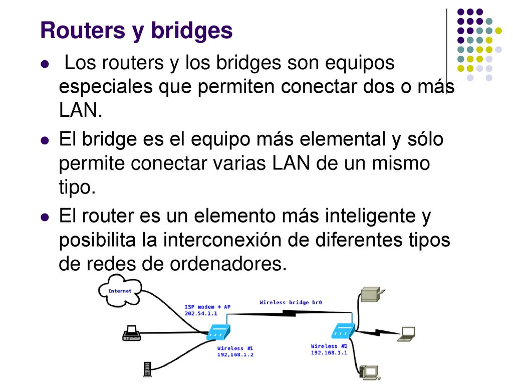 Routers y bridges Los routers y los bridges son equipos especiales que permiten conectar dos o más LAN.