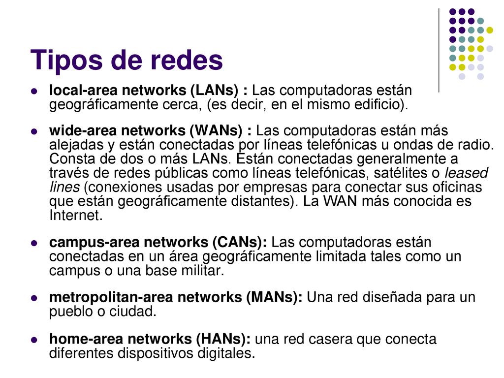 Tipos de redes local-area networks (LANs) : Las computadoras están geográficamente cerca, (es decir, en el mismo edificio).