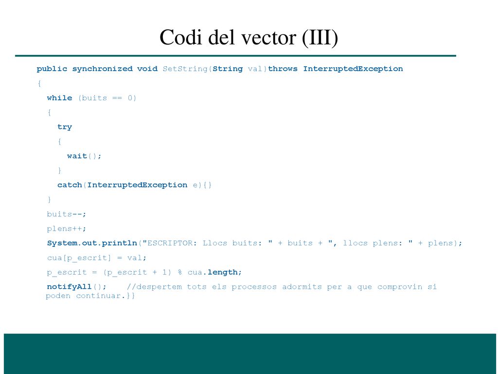 Codi del vector (III) public synchronized void SetString(String val)throws InterruptedException. {
