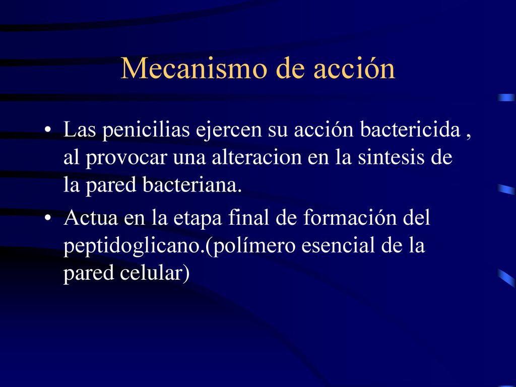 Mecanismo de acción Las penicilias ejercen su acción bactericida , al provocar una alteracion en la sintesis de la pared bacteriana.