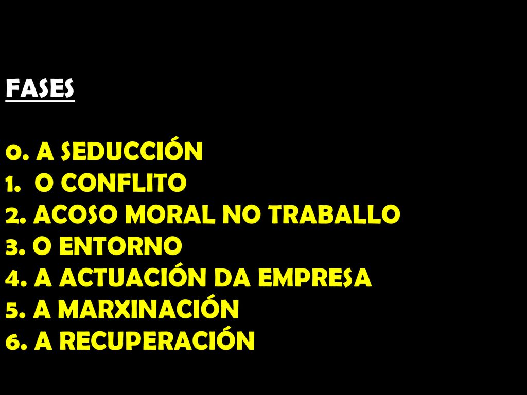FASES 0. A SEDUCCIÓN 1. O CONFLITO 2. ACOSO MORAL NO TRABALLO 3