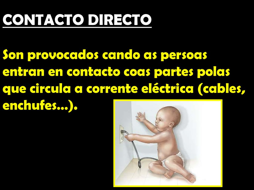 CONTACTO DIRECTO Son provocados cando as persoas entran en contacto coas partes polas que circula a corrente eléctrica (cables, enchufes…).