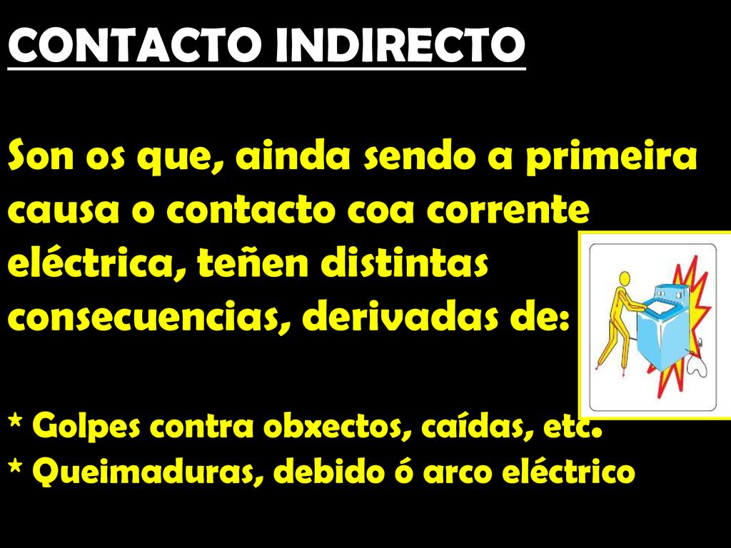 CONTACTO INDIRECTO Son os que, ainda sendo a primeira causa o contacto coa corrente eléctrica, teñen distintas consecuencias, derivadas de: * Golpes contra obxectos, caídas, etc.