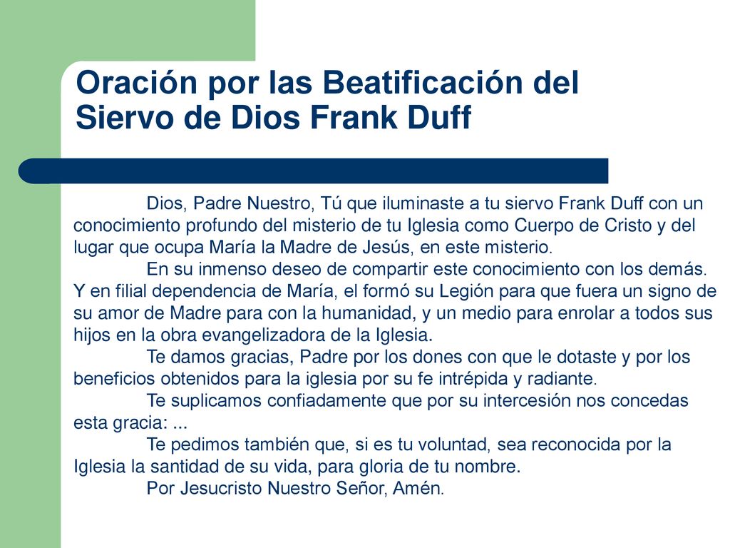 Oración por las Beatificación del Siervo de Dios Frank Duff