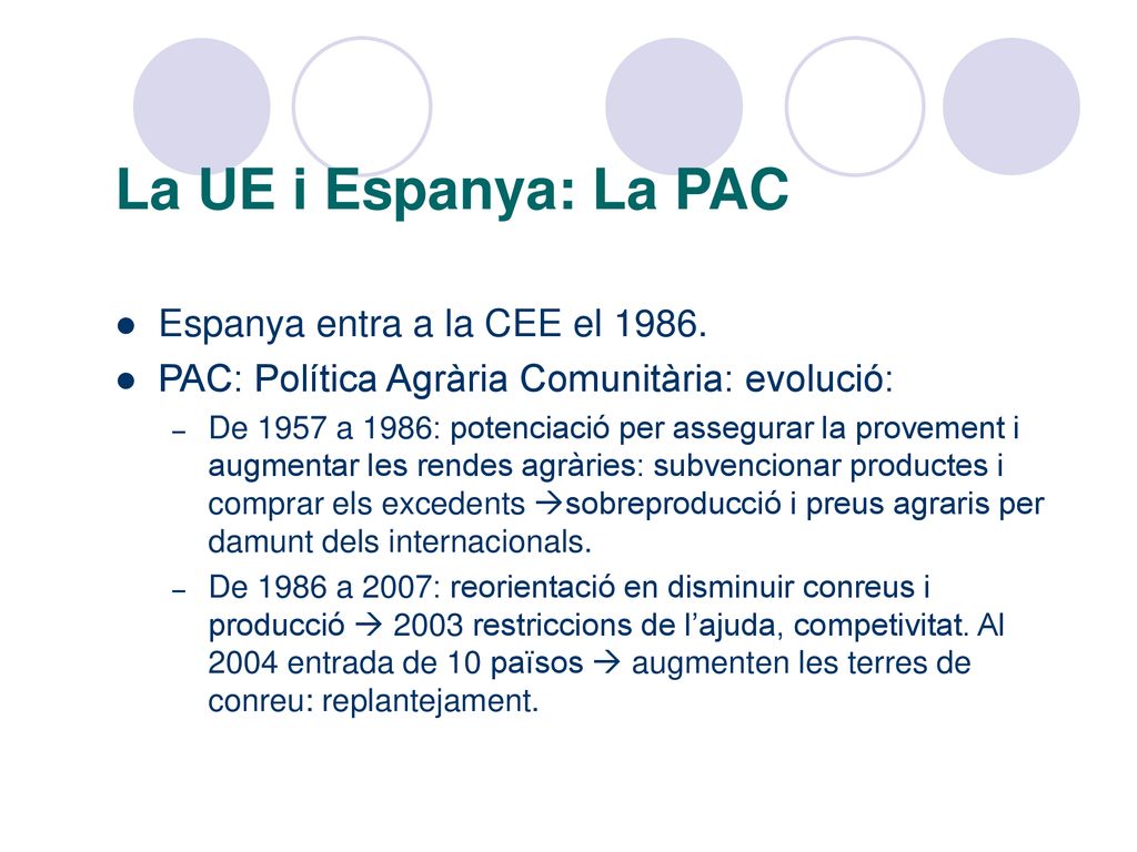 La UE i Espanya: La PAC Espanya entra a la CEE el 1986.