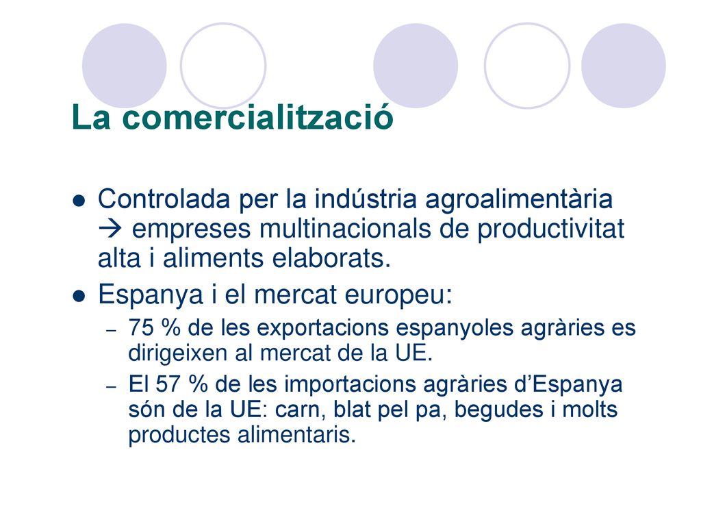 La comercialització Controlada per la indústria agroalimentària  empreses multinacionals de productivitat alta i aliments elaborats.