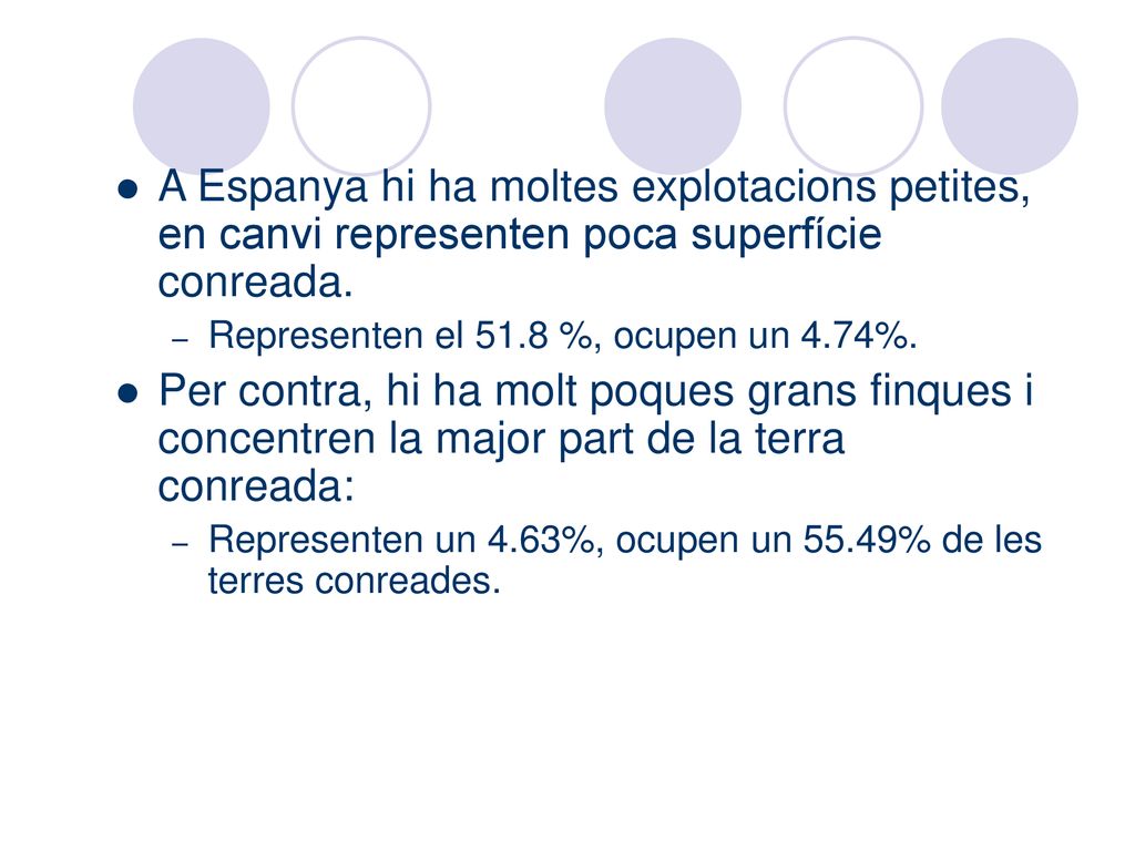 A Espanya hi ha moltes explotacions petites, en canvi representen poca superfície conreada.
